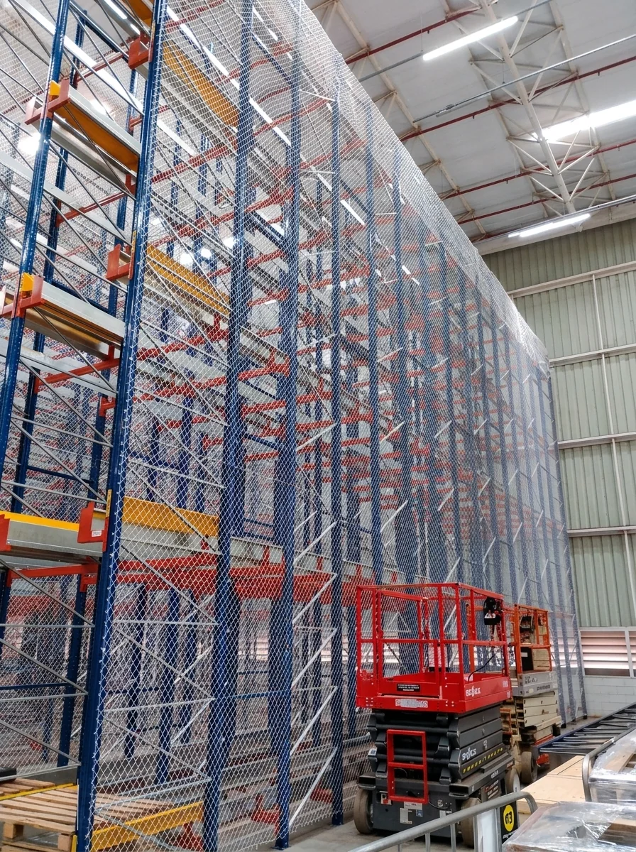 Estrutura porta-paletes protegida por rede de contenção CARRÊ com plataformas elevatórias pantográficas Skyjack na base