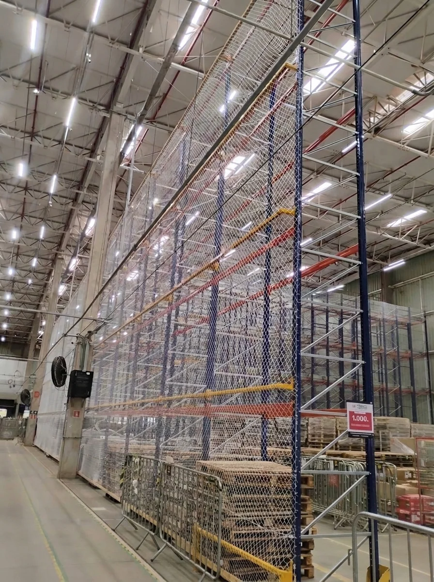 Vista ampla de galpão logístico com porta-paletes para 1.000 kg protegidos por rede de segurança CARRÊ