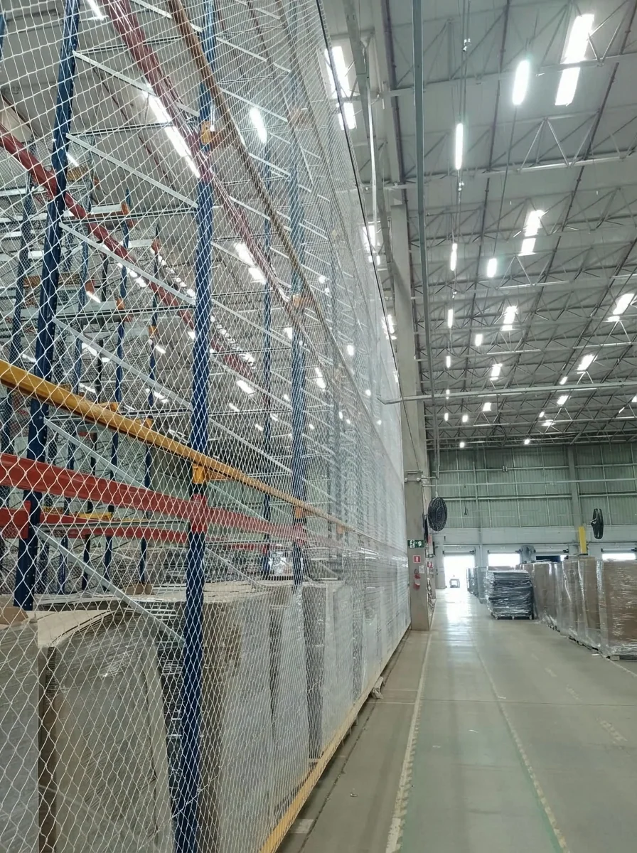 Corredor de expedição e docas em centro de distribuição protegido por barreira vertical de rede CARRÊ